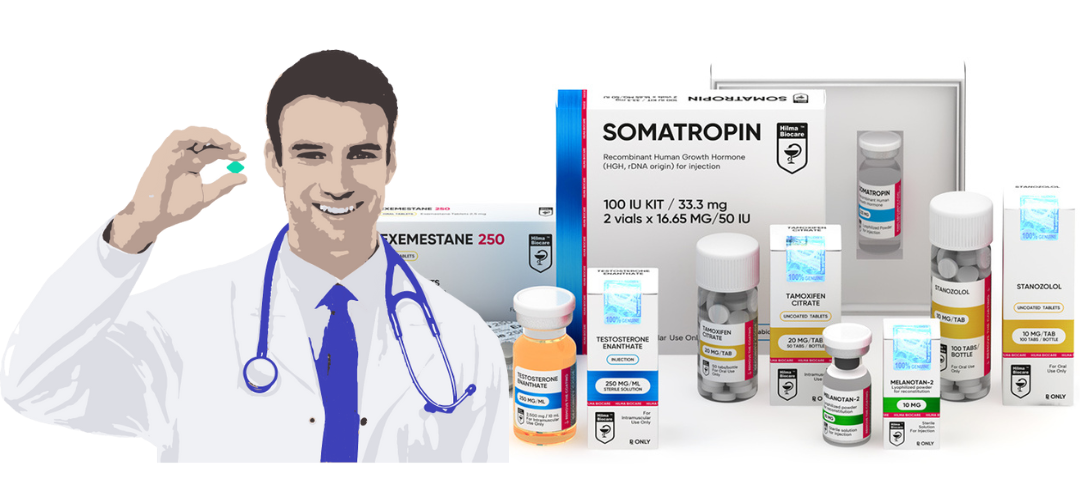 Médico sosteniendo una pastilla con fondo de viales y pastillas de esteroides anabolizantes